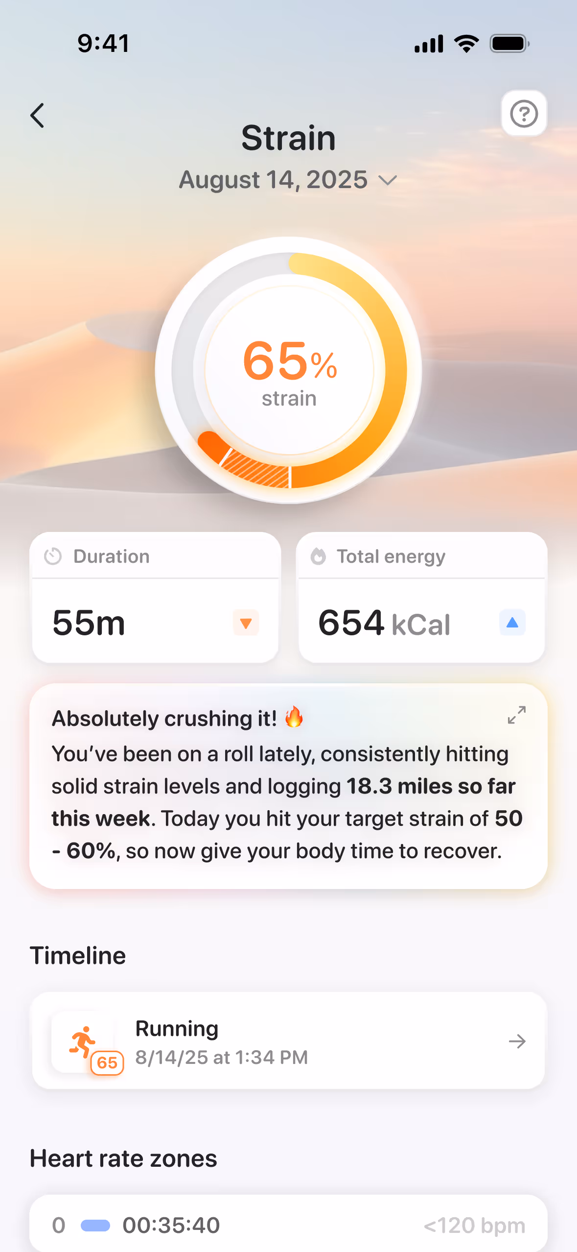 A mobile app screen displaying fitness stats for August 14, 2025, showing 65% strain and details like duration of 55 minutes and total energy of 654 kCal, with a motivational message about progress.